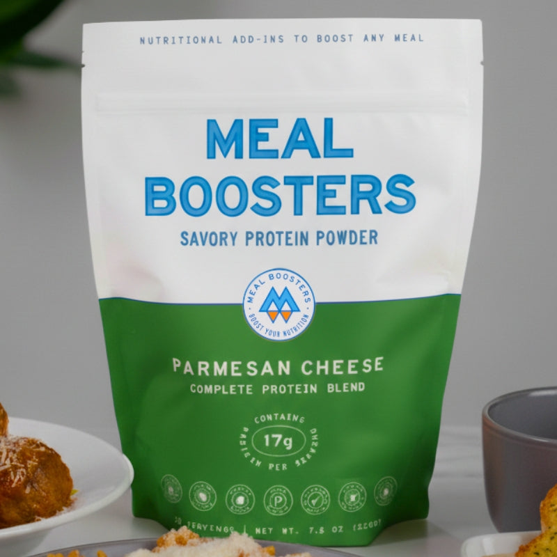 Meal Boosters Parmesan Cheese protein powder bag white and green pouch 17 g protein on Tampa Home & Garden Store