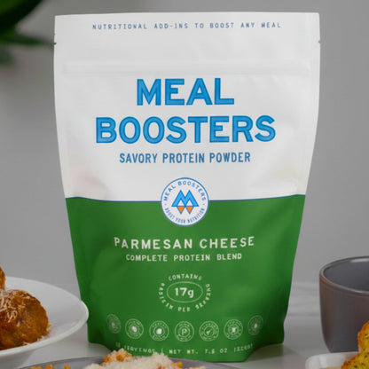 Meal Boosters Parmesan Cheese protein powder bag white and green pouch 17 g protein on Tampa Home & Garden Store