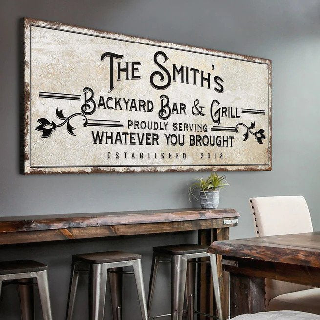 Backyard Bar & Grill sign canvas by Tailored Canvases, distressed wood frame decor on Tampa Home & Garden Store