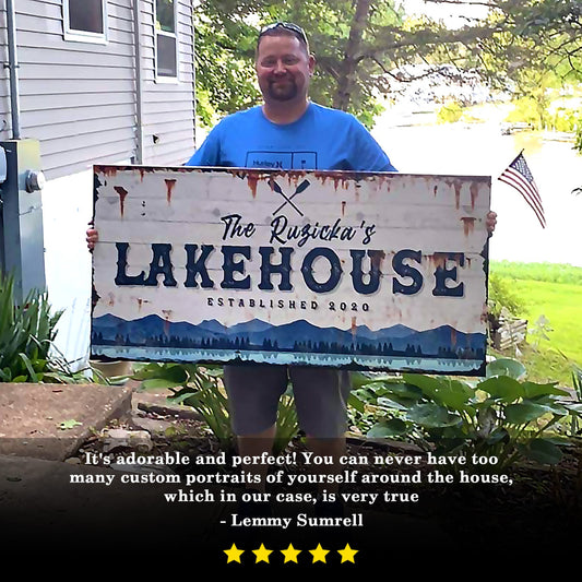 Family Lake House Vintage Sign on canvas with weathered look and bold LAKEHOUSE lettering on Tampa Home & Garden Store