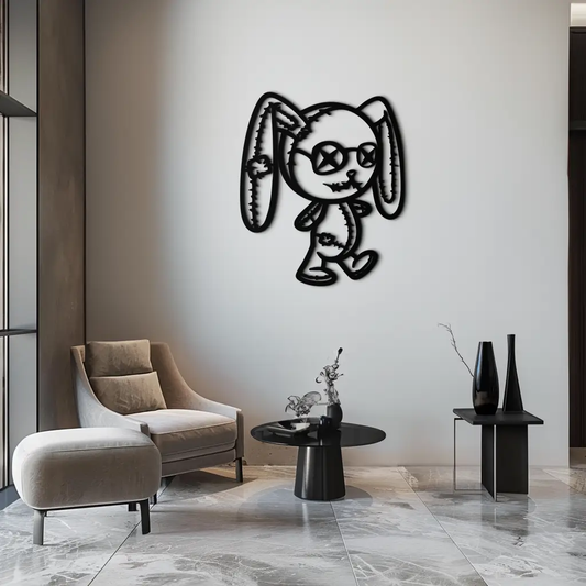 Patchwork Bunny Metal Wall Art silhouette in black Enova Art metal wall mounted on gray wall on Tampa Home & Garden Store