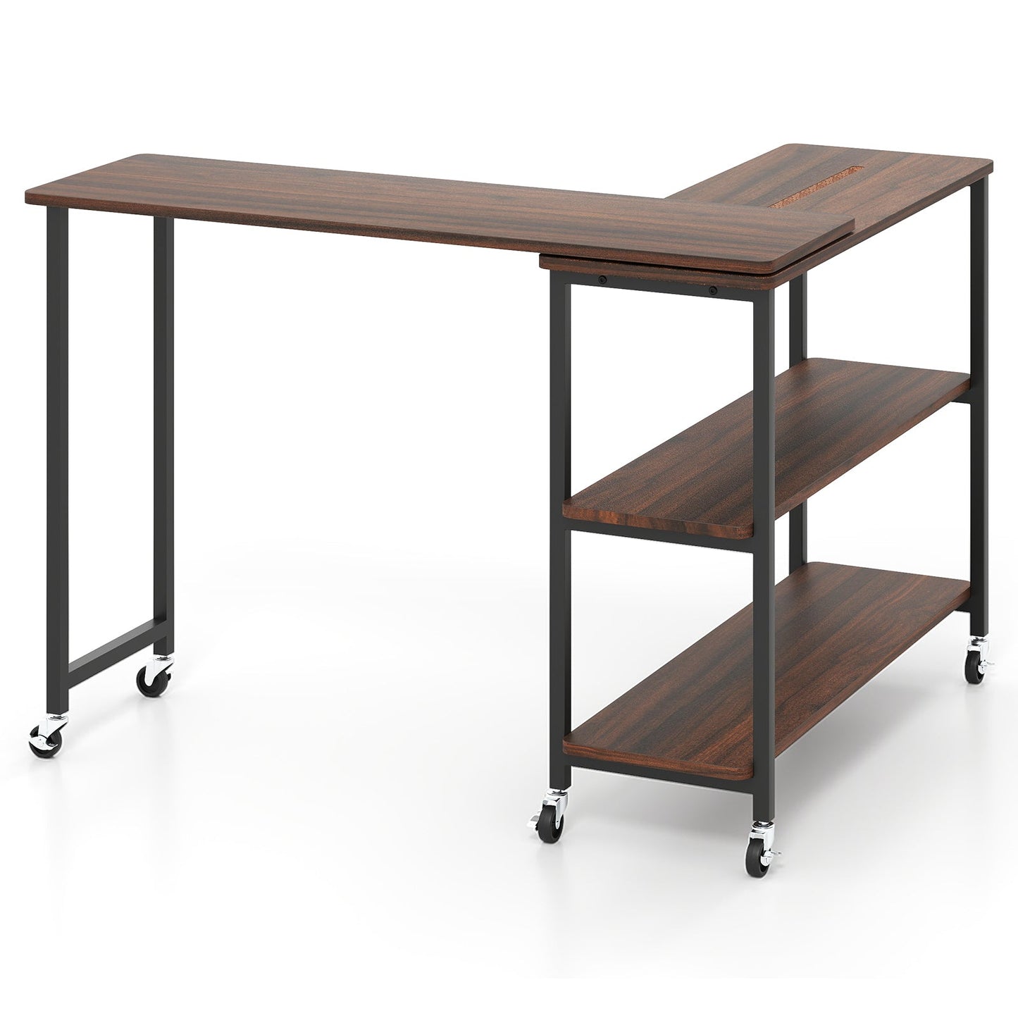 Large 360-Degree Free Rotating Sofa Side Table with Wheels and Storage Shelf-Rustic Brown