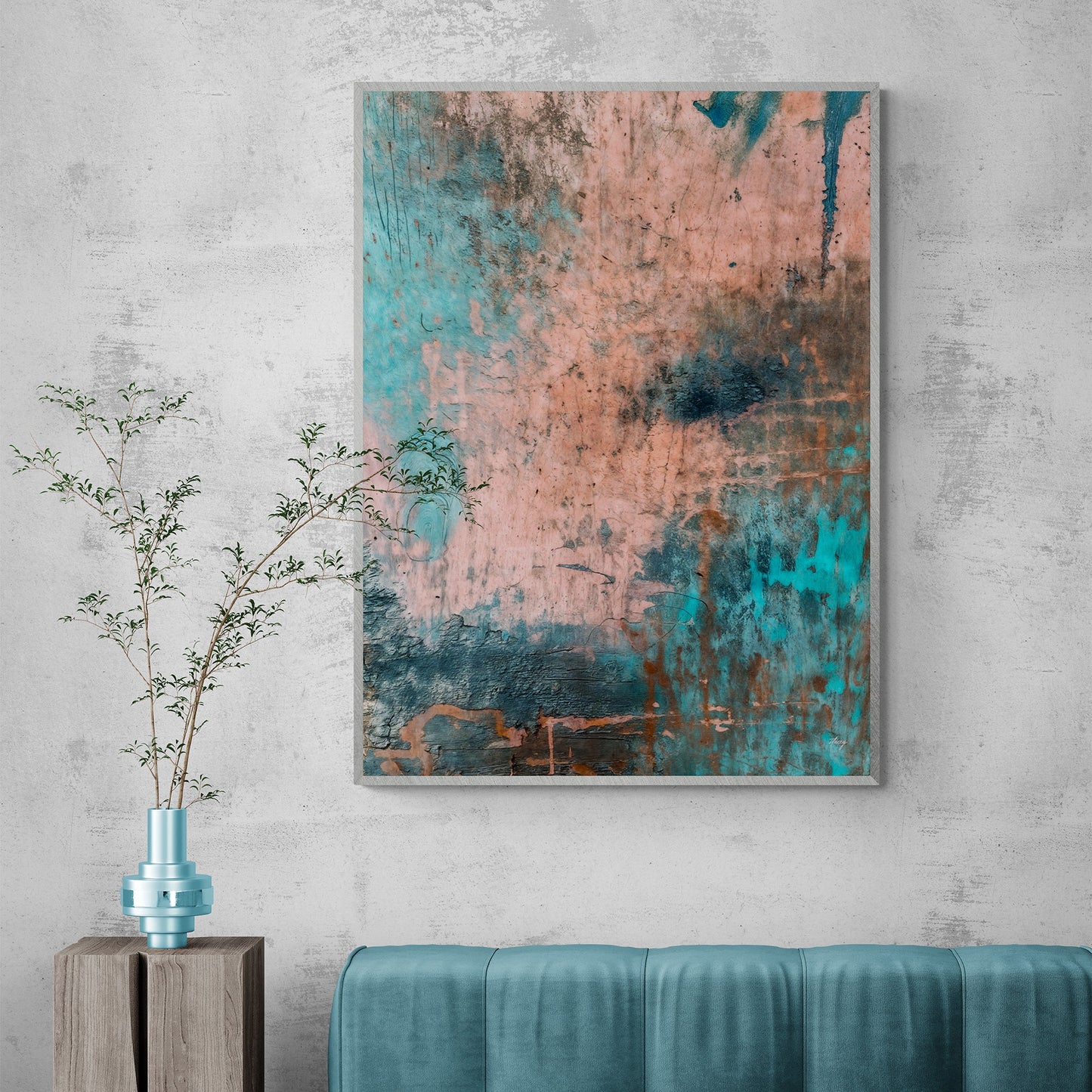 Canvas Print Patina Cascade by Tailored Canvases, crafting canvas with teal and peach textures on Tampa Home & Garden Store