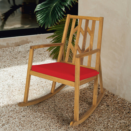 Patio Acacia Wood Rocking Chair Sofa with Armrest and Cushion for Garden and Deck-Red - Tampa Home & Garden Store