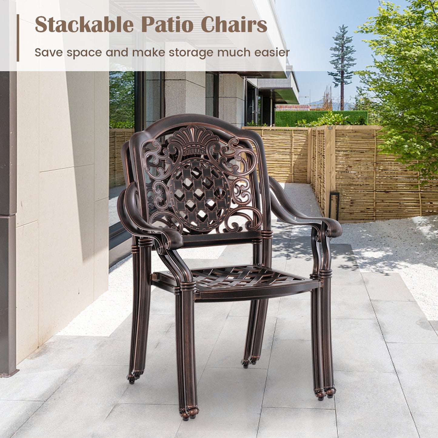 Patio Cast Aluminum Dining Chairs Set of 2 Metal Armchairs Stackable-Copper