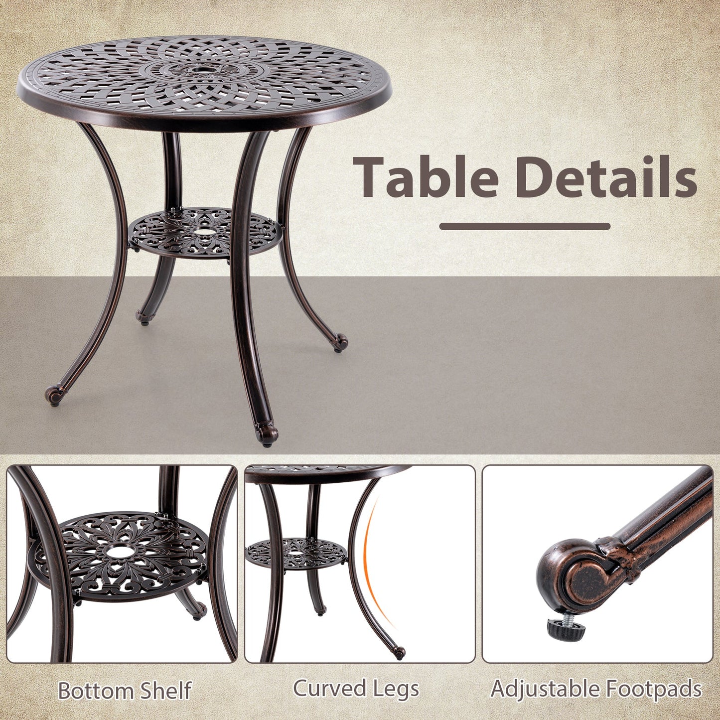 Patio Cast Aluminum Table 31 Inch Diameter Round Table with Umbrella Hole-Copper - Tampa Home & Garden Store