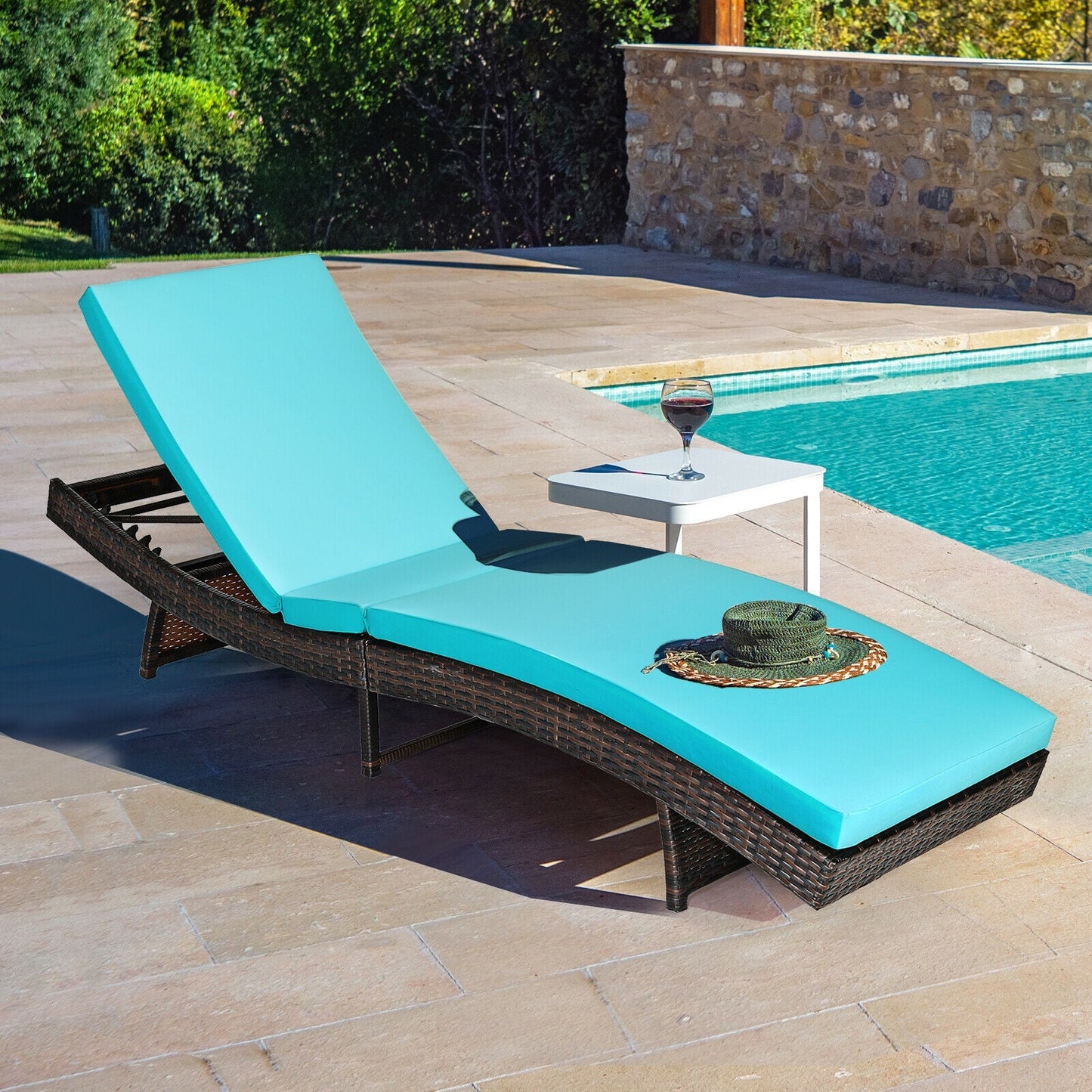 Patio Folding Adjustable Rattan Chaise Lounge Chair with Cushion-Turquoise - Tampa Home & Garden Store