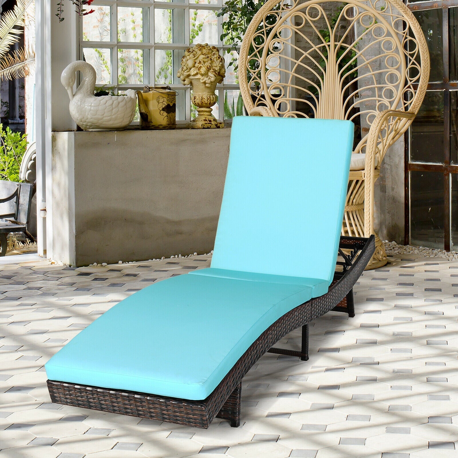 Patio Folding Adjustable Rattan Chaise Lounge Chair with Cushion-Turquoise - Tampa Home & Garden Store