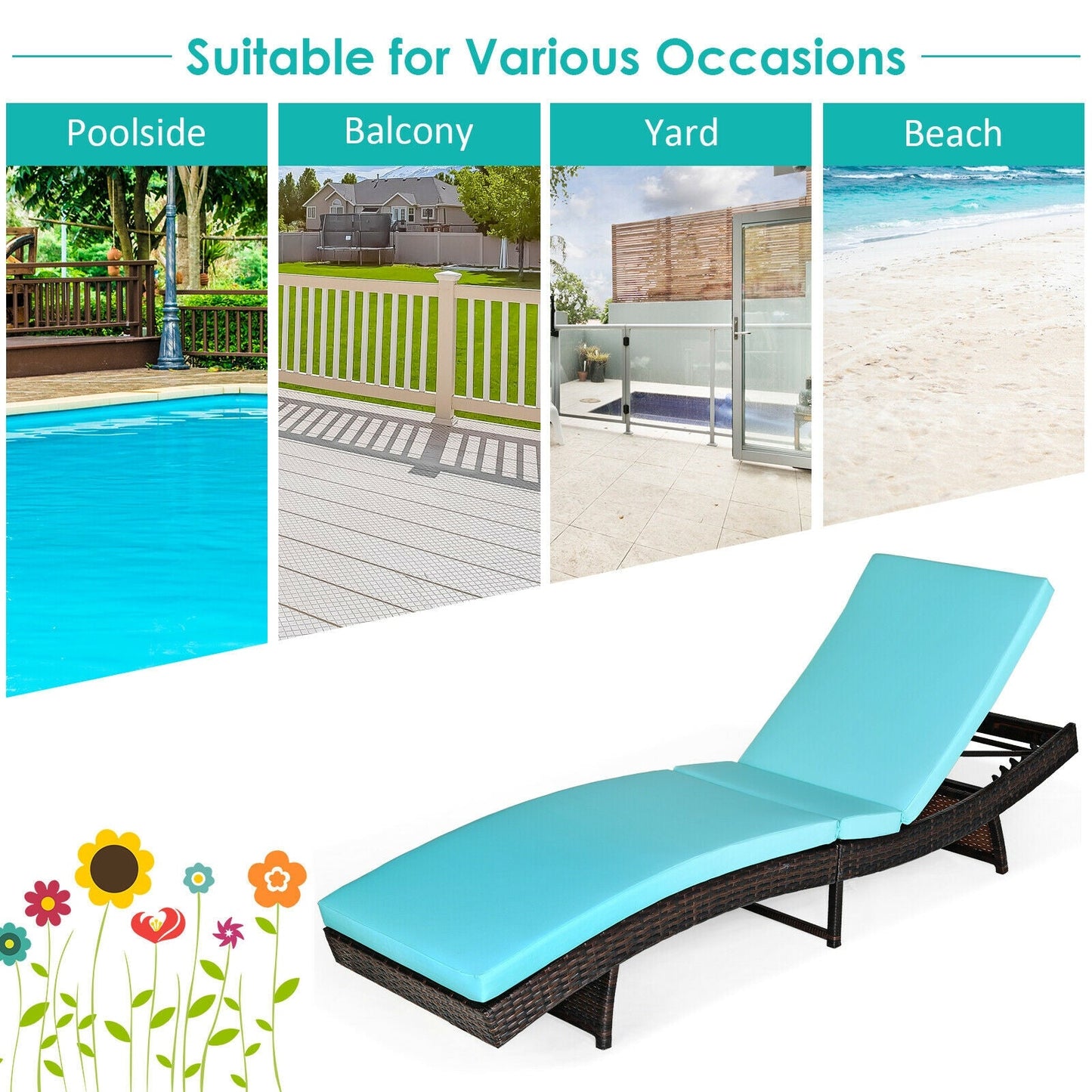Patio Folding Adjustable Rattan Chaise Lounge Chair with Cushion-Turquoise - Tampa Home & Garden Store