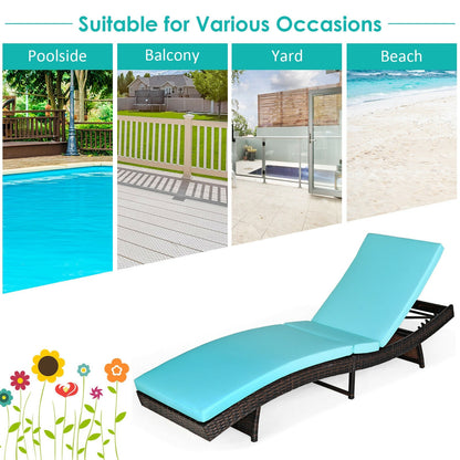 Patio Folding Adjustable Rattan Chaise Lounge Chair with Cushion-Turquoise - Tampa Home & Garden Store