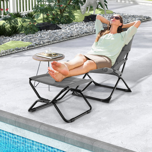Patio Folding Sling Chair with Ottoman Footrest and Removable Cushion-Gray - Tampa Home & Garden Store
