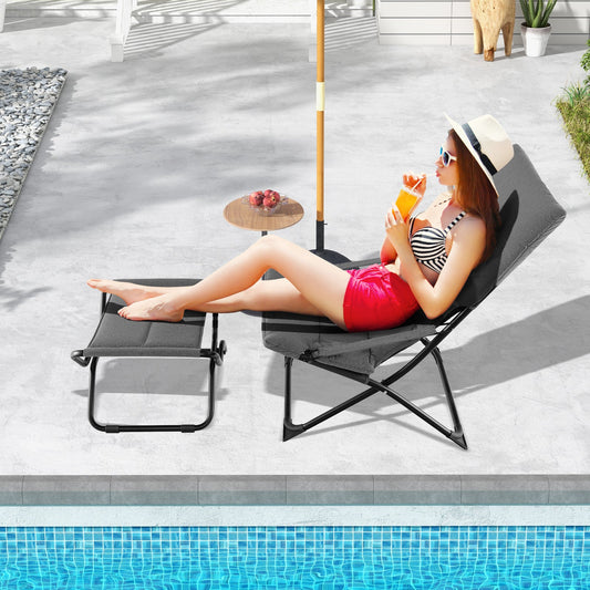 Patio Folding Sling Chair with Ottoman Footrest and Removable Cushion-Gray - Tampa Home & Garden Store