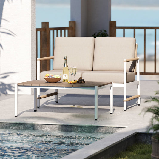 Patio Loveseat Sofa with Coffee Table Set with Thick Cushions - Tampa Home & Garden Store