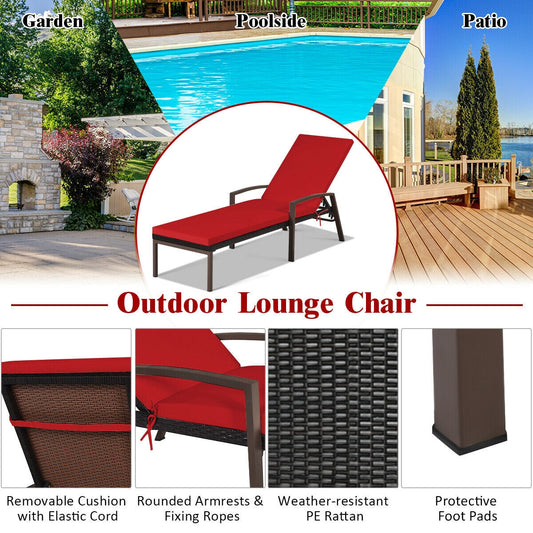Patio Rattan Lounge Chaise Recliner with Back Adjustable Cushioned-Red - Tampa Home & Garden Store