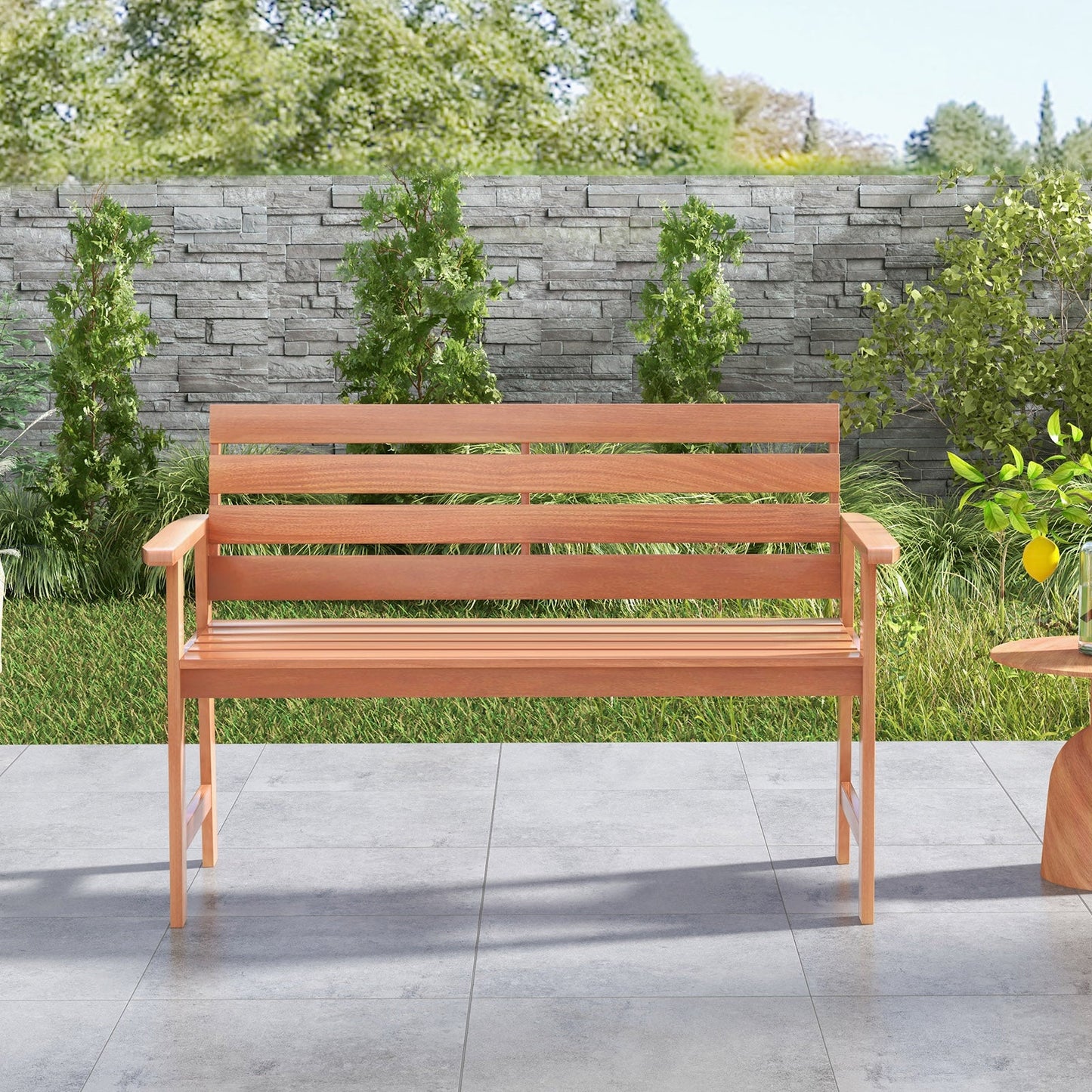 Patio Solid Wood Bench Wood 2-Seat Chair with Breathable Slatted Seat & Inclined Backrest - Tampa Home & Garden Store