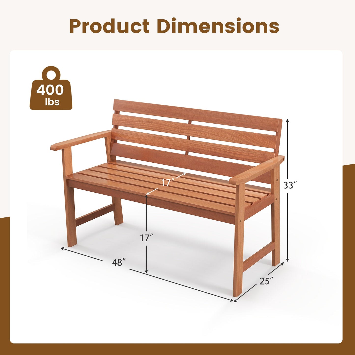 Patio Solid Wood Bench Wood 2-Seat Chair with Breathable Slatted Seat & Inclined Backrest - Tampa Home & Garden Store