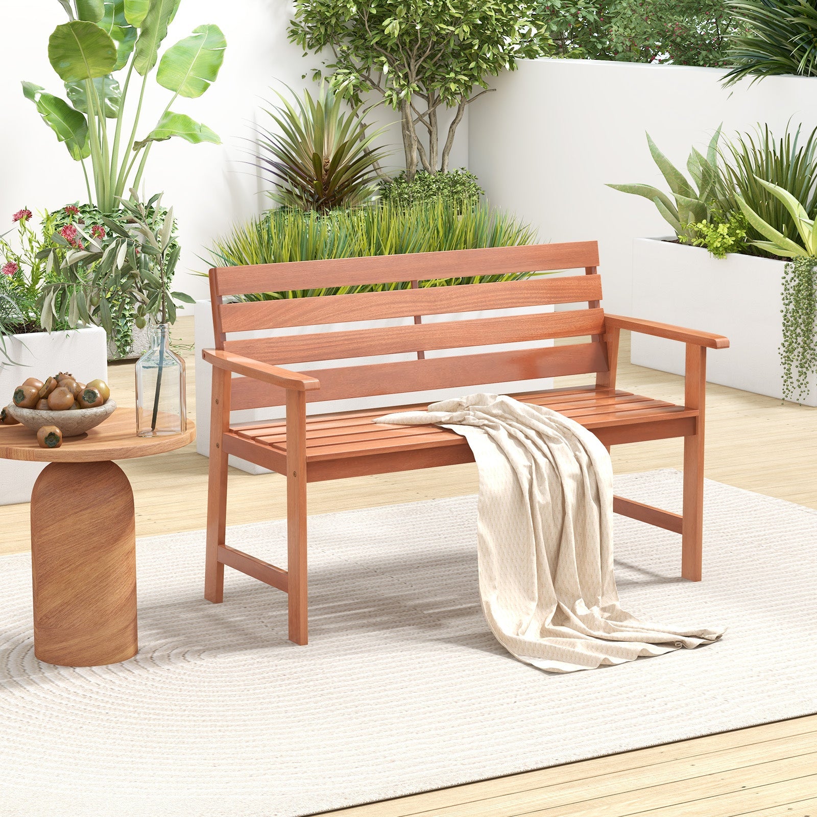 Patio Solid Wood Bench Wood 2-Seat Chair with Breathable Slatted Seat & Inclined Backrest - Tampa Home & Garden Store