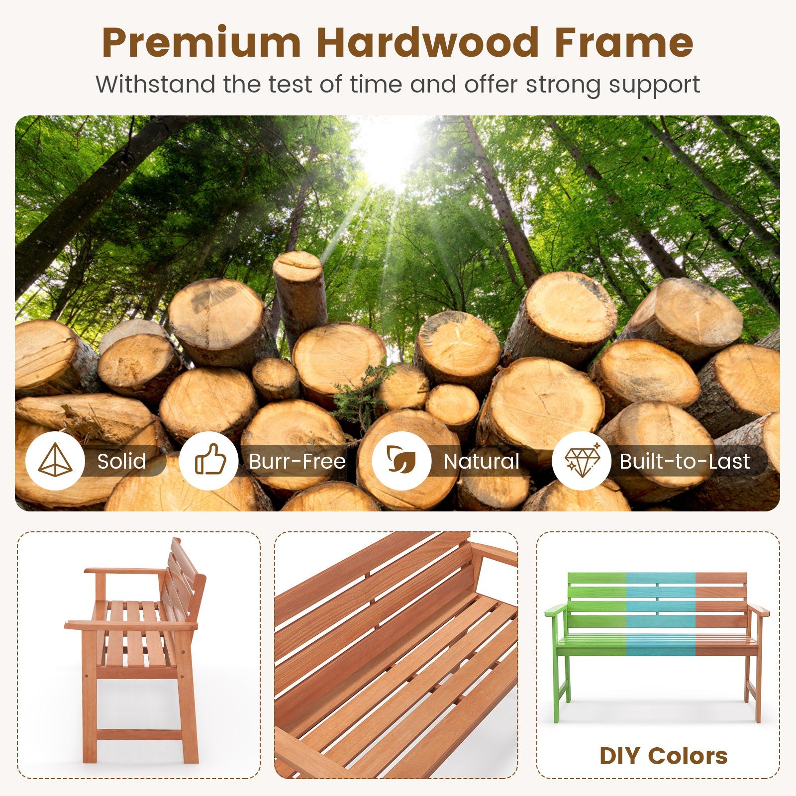 Patio Solid Wood Bench Wood 2-Seat Chair with Breathable Slatted Seat & Inclined Backrest - Tampa Home & Garden Store