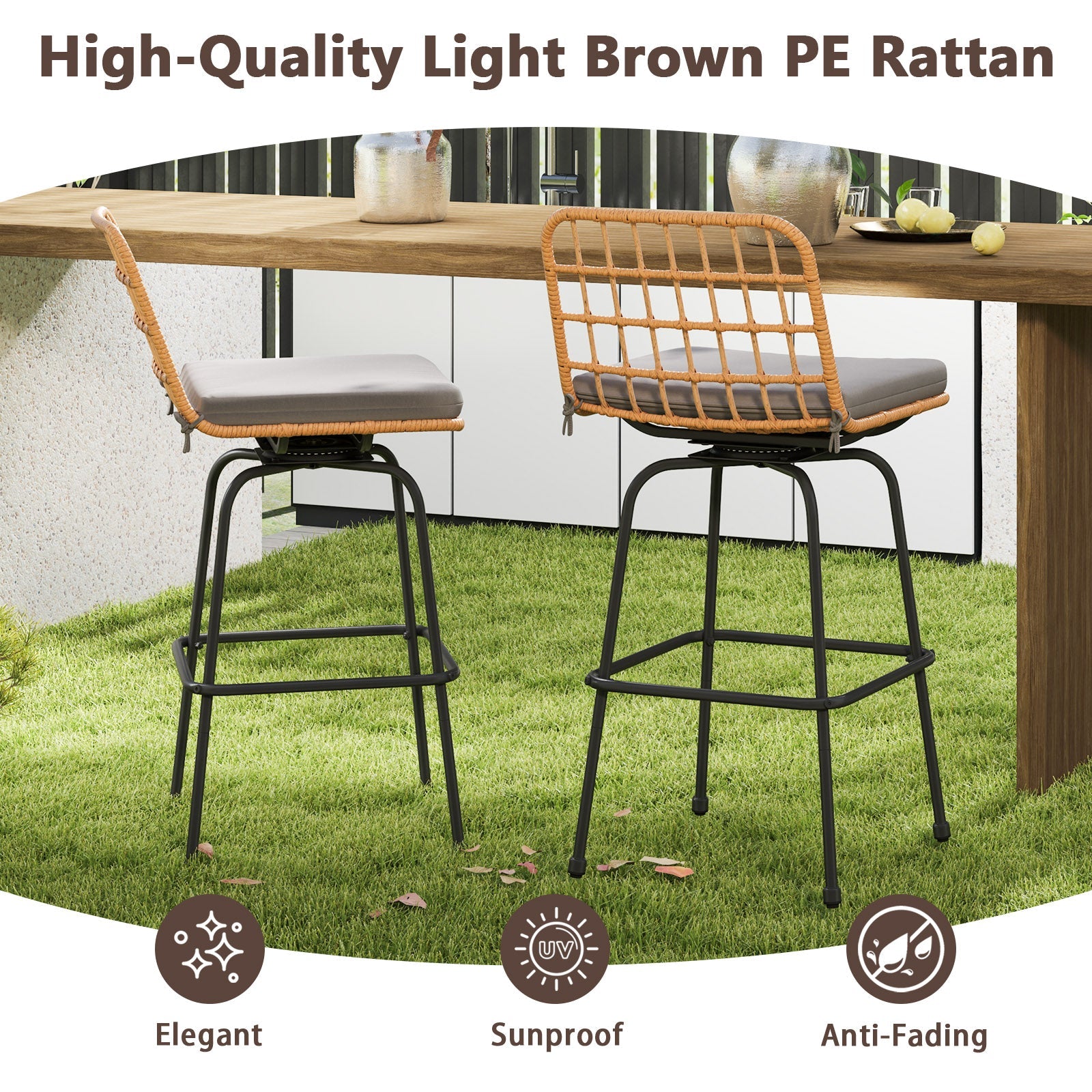 Patio Swivel Barstools Set of 2 with Soft Seat Cushions-Gray - Tampa Home & Garden Store