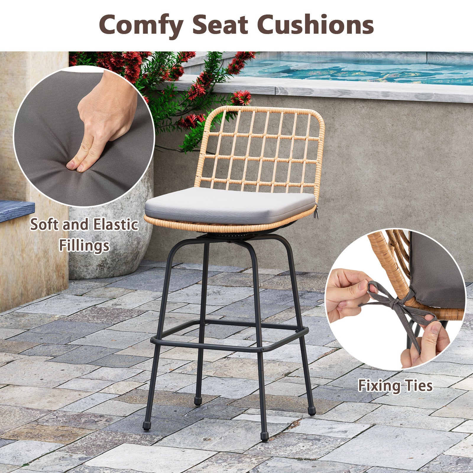 Patio Swivel Barstools Set of 2 with Soft Seat Cushions-Gray - Tampa Home & Garden Store
