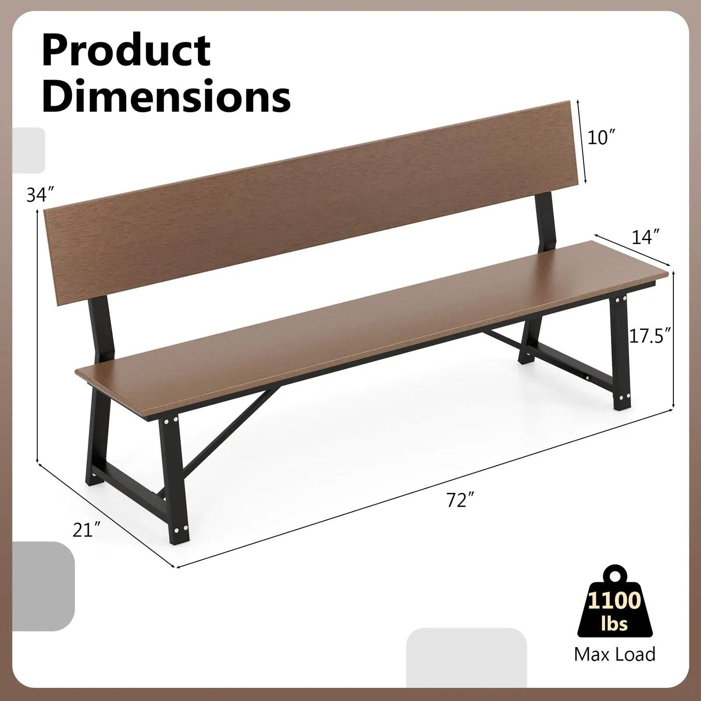 72 Inch Outdoor Bench With HDPE Seat and Back