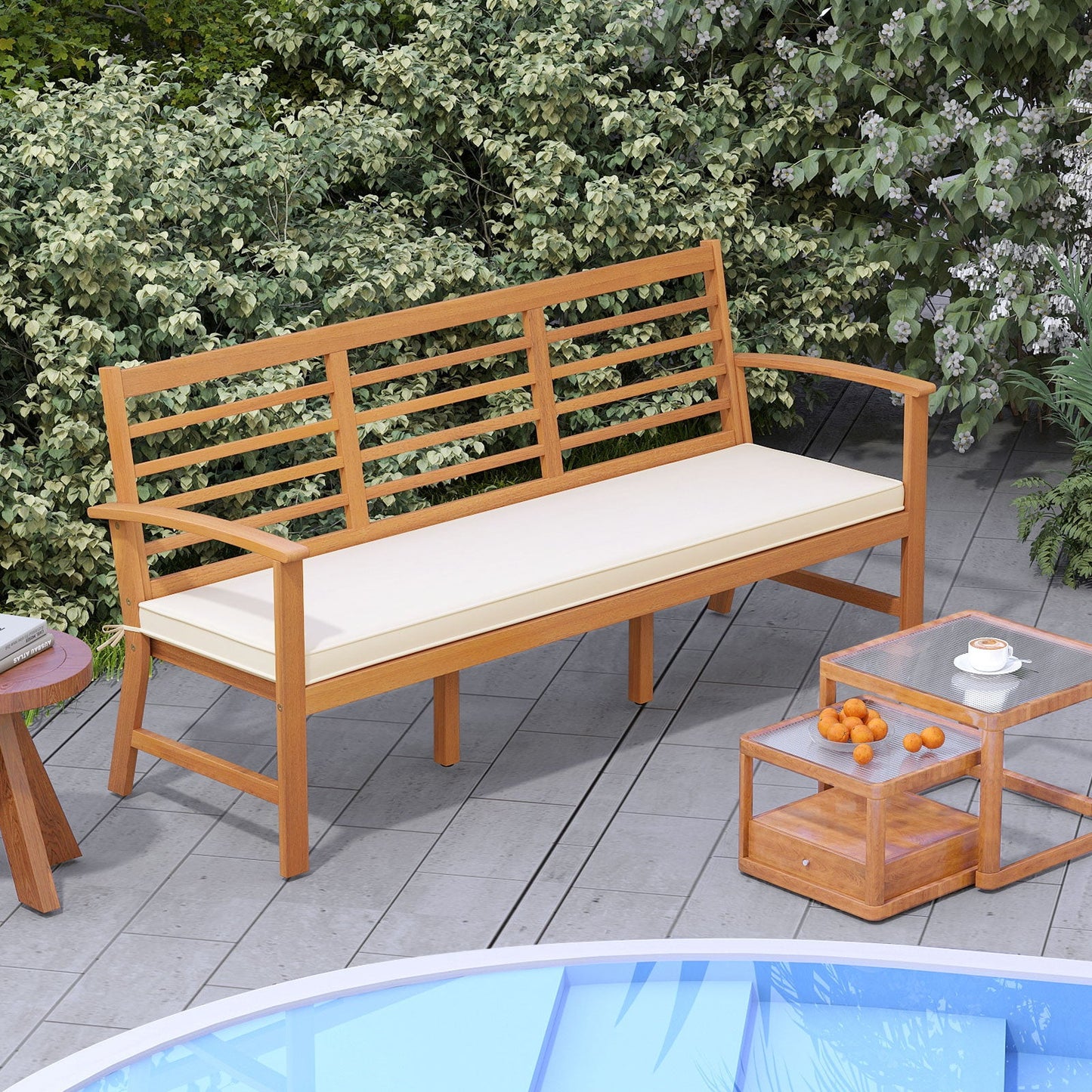 Banco de madera para patio de 64 pulgadas con cojín y asiento de listones para jardín - Blanco roto