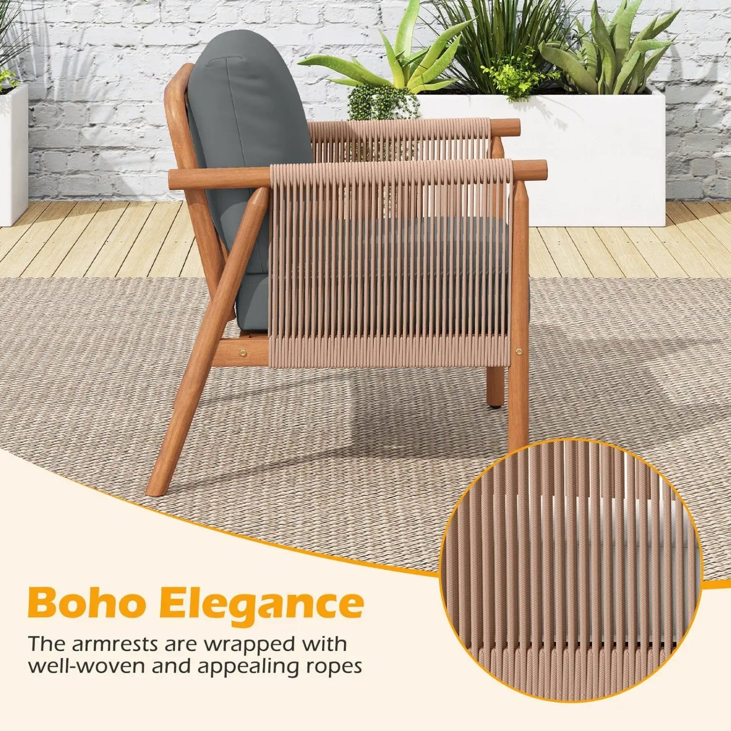 Acacia Wood Chair Set of 2 With Rope Armrests