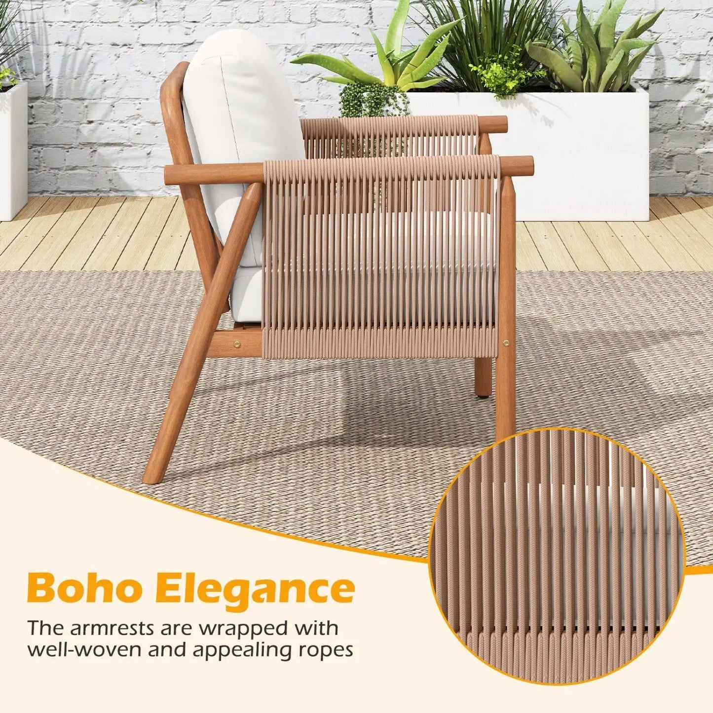 Acacia Wood Chair Set of 2 With Rope Armrests