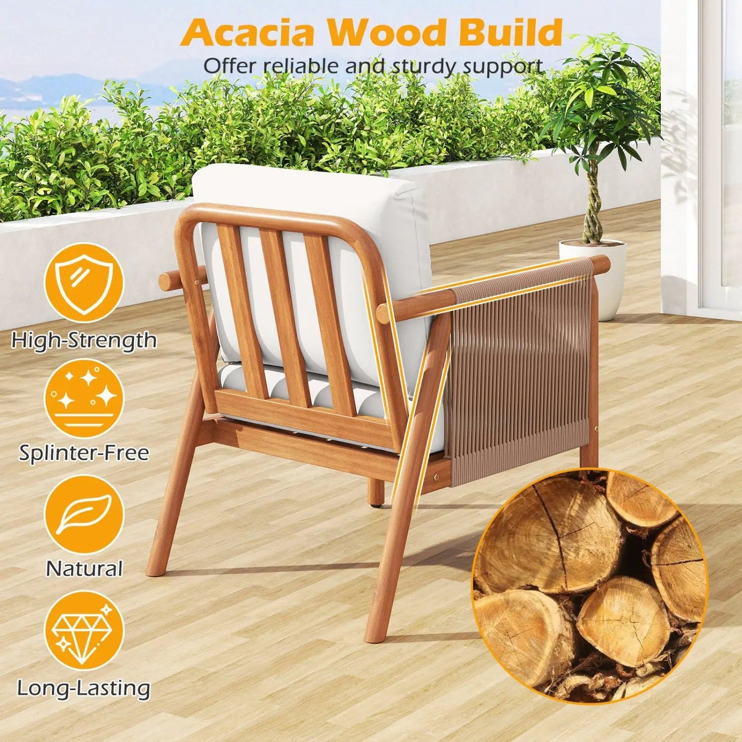 Acacia Wood Chair Set of 4 with Rope Armrests