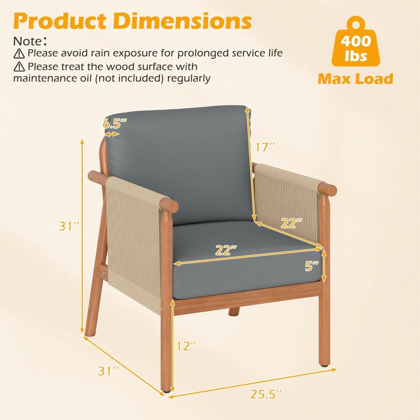 Patio Acacia Wood Chair With Woven Rope Armrests