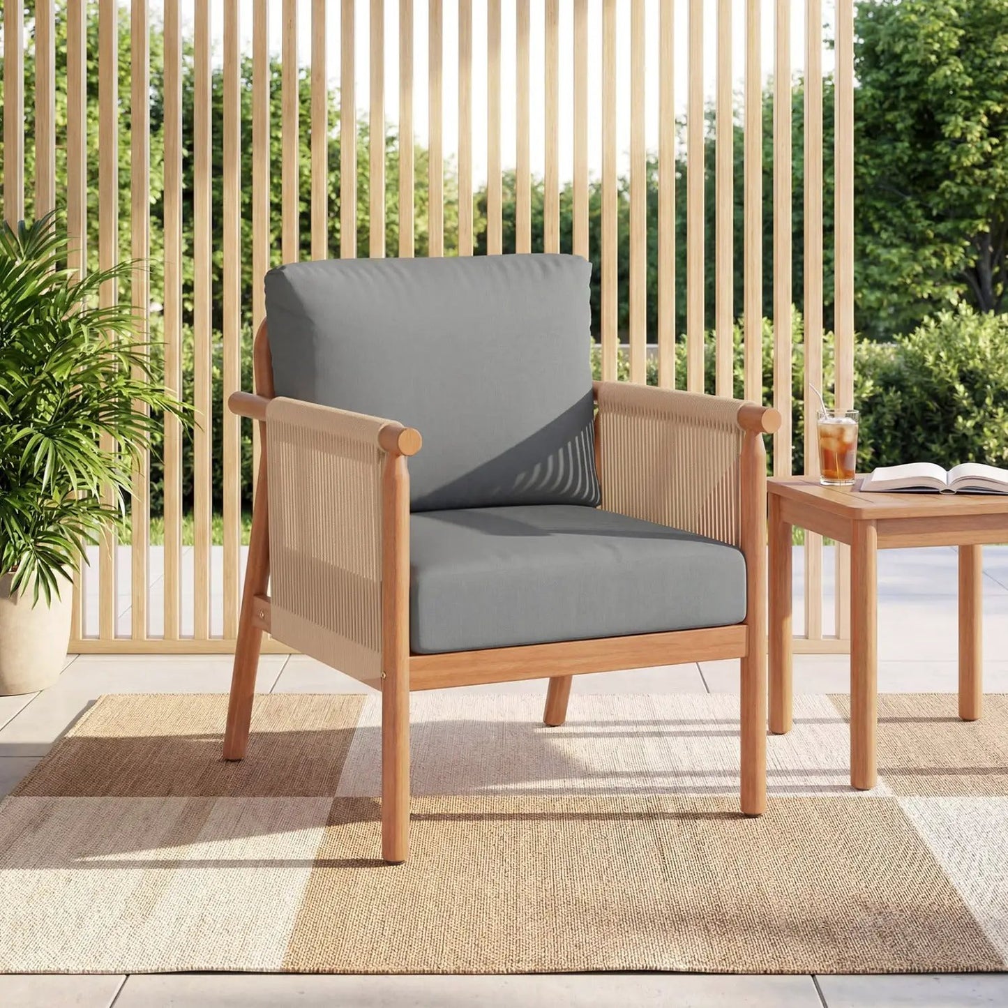 Patio Acacia Wood Chair With Woven Rope Armrests