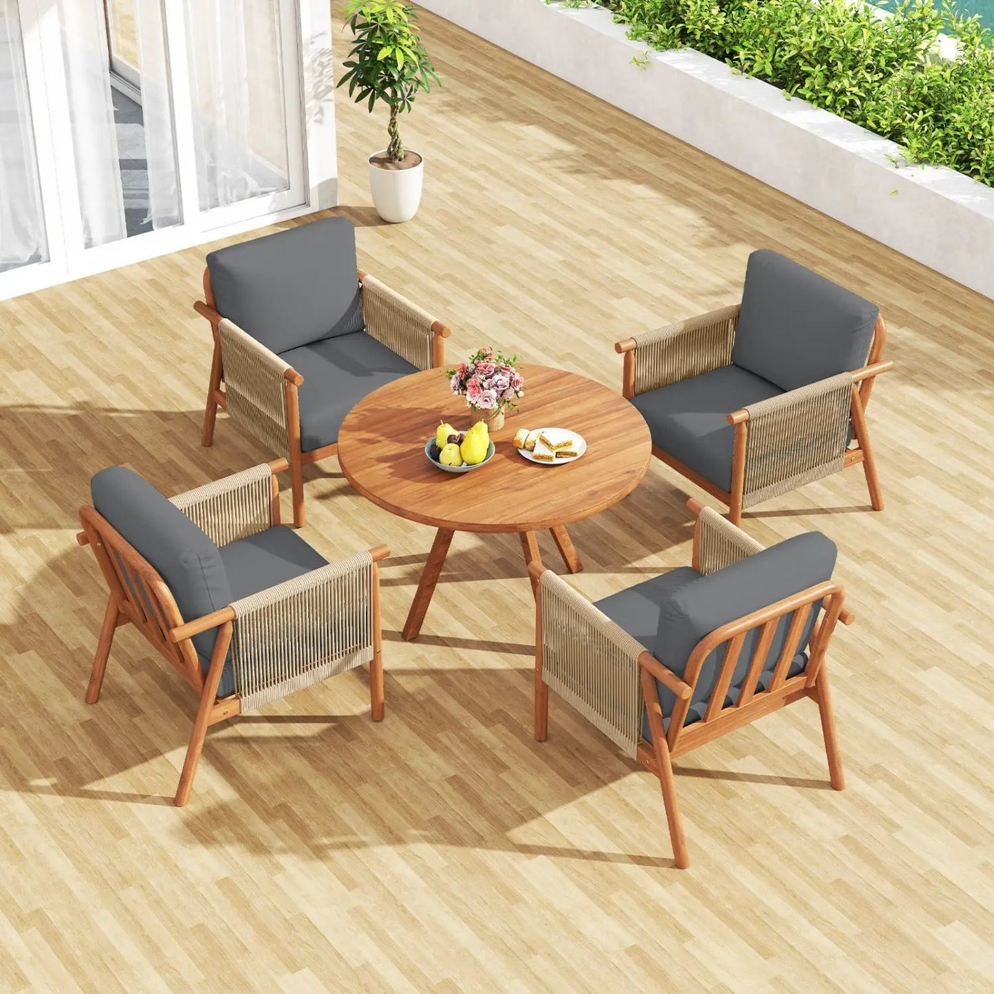 Patio Acacia Wood Chair With Woven Rope Armrests