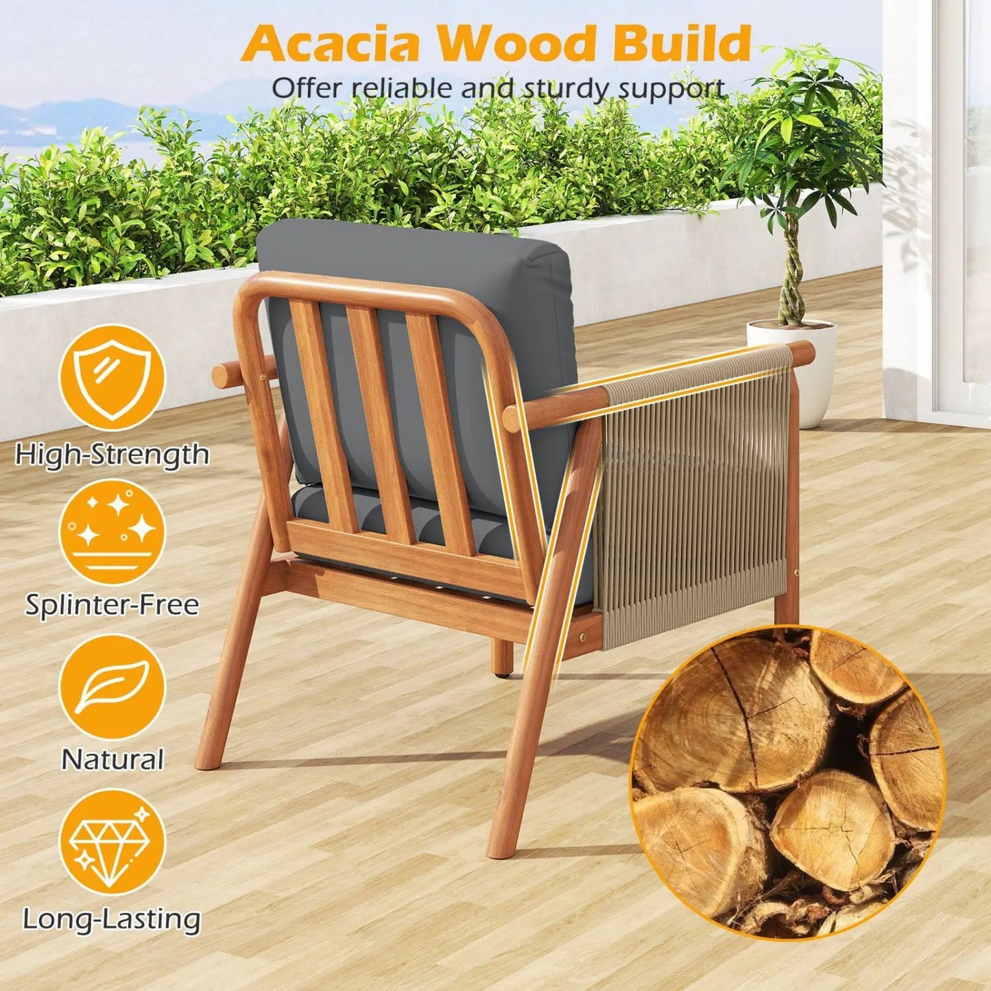 Patio Acacia Wood Chair With Woven Rope Armrests