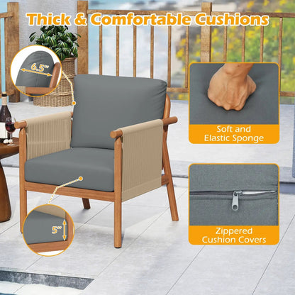 Patio Acacia Wood Chair With Woven Rope Armrests