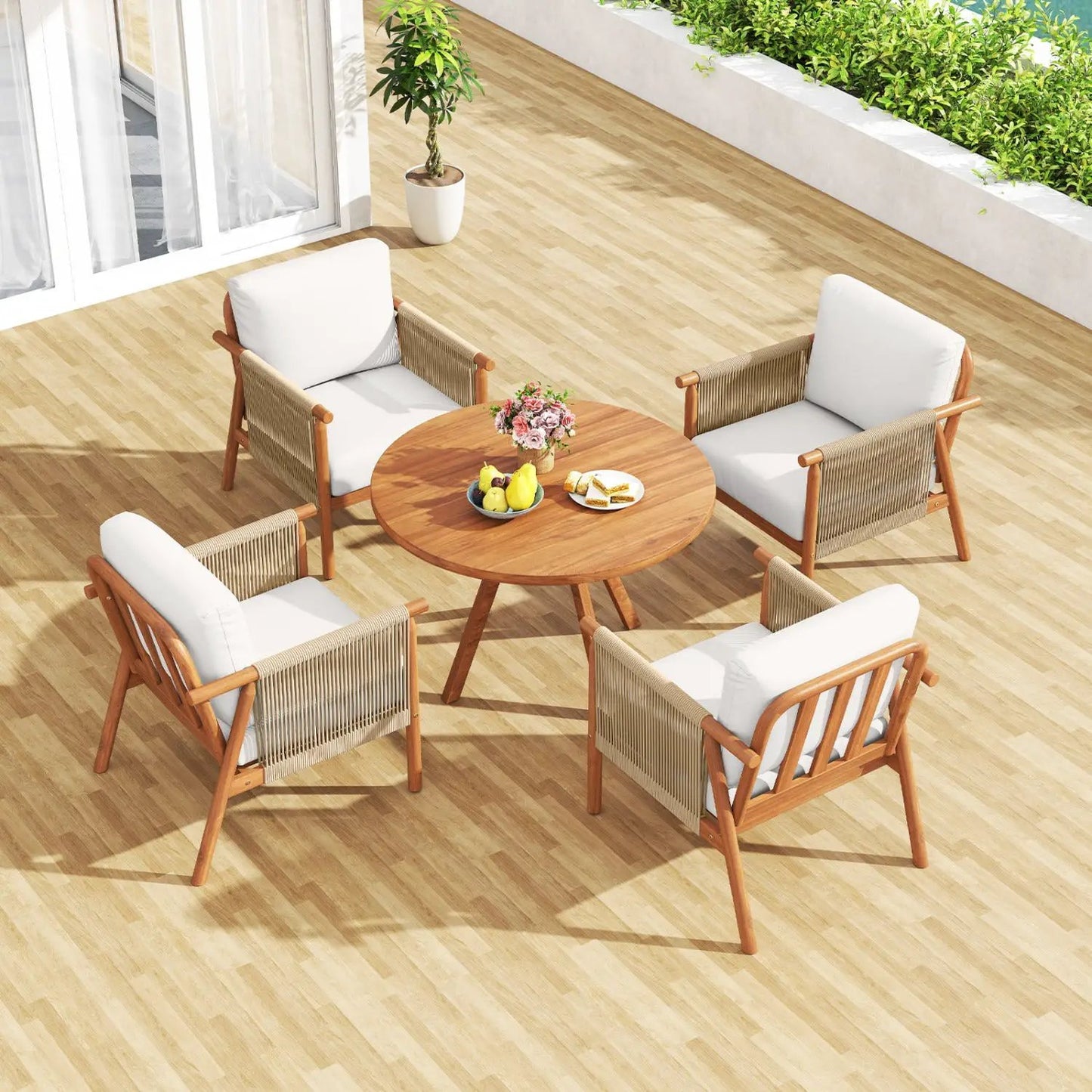 Patio Acacia Wood Chair With Woven Rope Armrests