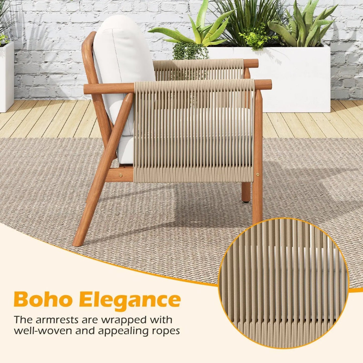 Patio Acacia Wood Chair With Woven Rope Armrests