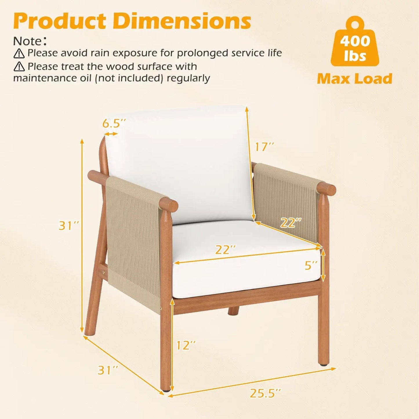 Patio Acacia Wood Chair With Woven Rope Armrests