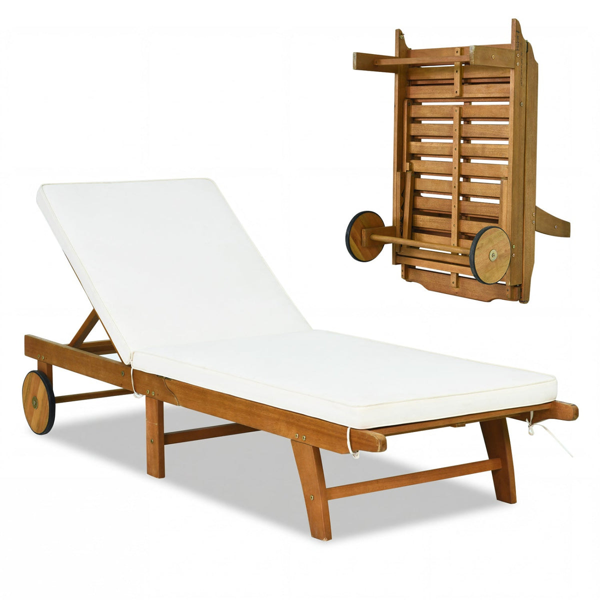 Patio Acacia Wood Lounge Chair Chaise Recliner with white cushion DirectDeals sunloungers on Tampa Home & Garden Store