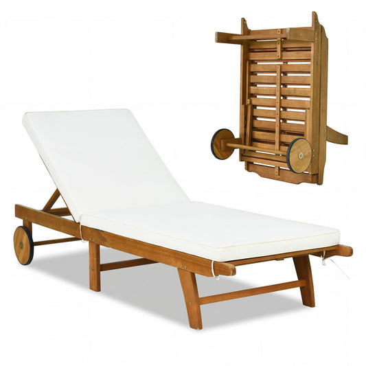 Patio Acacia Wood Lounge Chair Chaise Recliner with white cushion DirectDeals sunloungers on Tampa Home & Garden Store