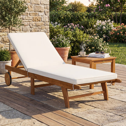 Patio Acacia Wood Lounge Chair Chaise Recliner DirectDeals with white cushion, wheels on Tampa Home & Garden Store