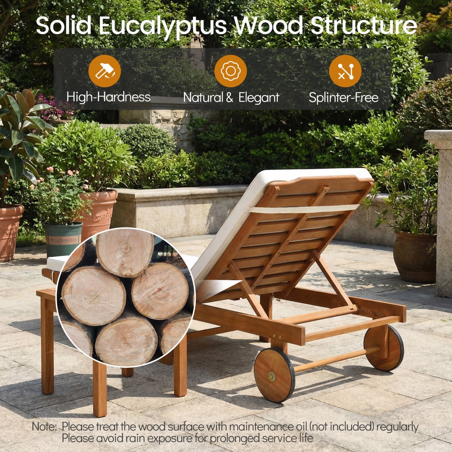 Patio acacia wood lounge chair chaise recliner with natural finish on wheeled cart DirectDeals on Tampa Home & Garden Store
