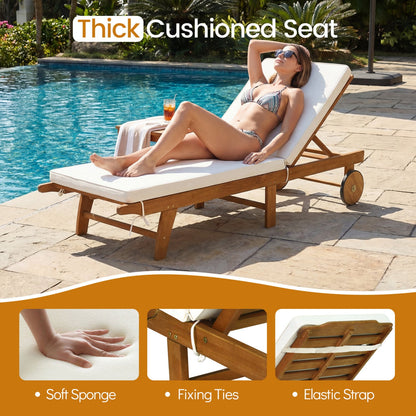 Patio Acacia Wood Lounge Chair Chaise Recliner with white cushion DirectDeals poolside on Tampa Home & Garden Store