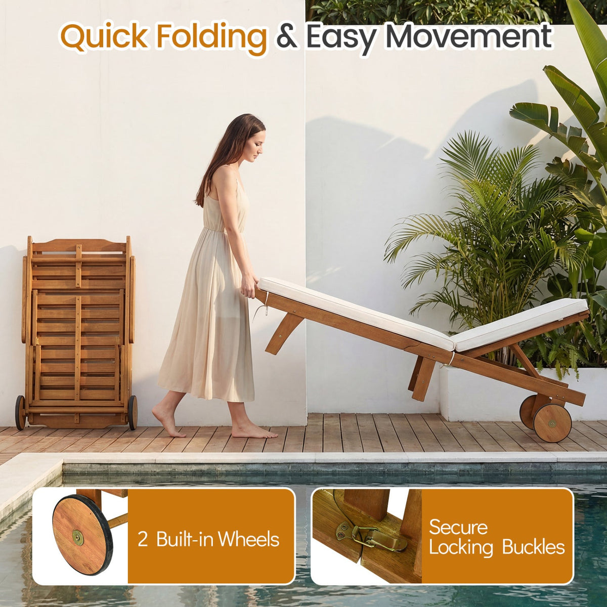 Patio Acacia Wood Lounge Chair Chaise Recliner DirectDeals, natural wood with white cushion on Tampa Home & Garden Store