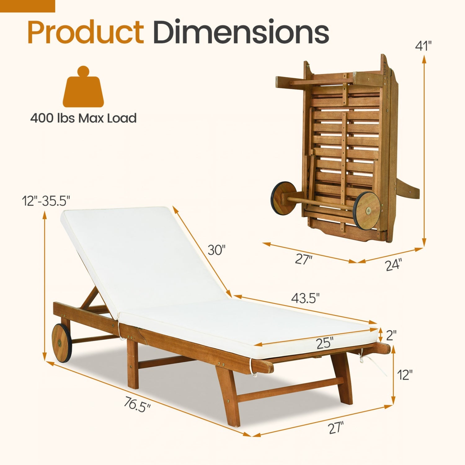 Patio Acacia Wood Lounge Chair Chaise Recliner with white cushion DirectDeals sunlounger on Tampa Home & Garden Store