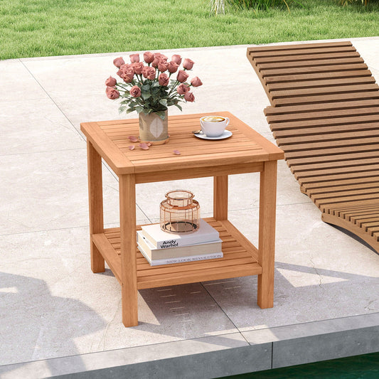 Patio Acacia Wood Side Table Set of 2 with Slatted Tabletop and Storage Shelf - Tampa Home & Garden Store