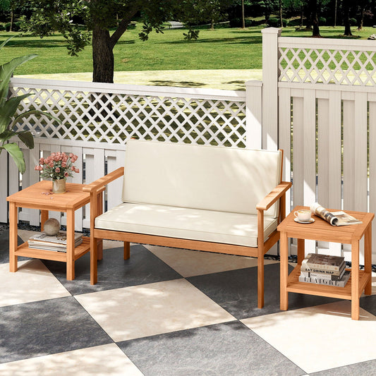 Patio Acacia Wood Side Table Set of 2 with Slatted Tabletop and Storage Shelf - Tampa Home & Garden Store