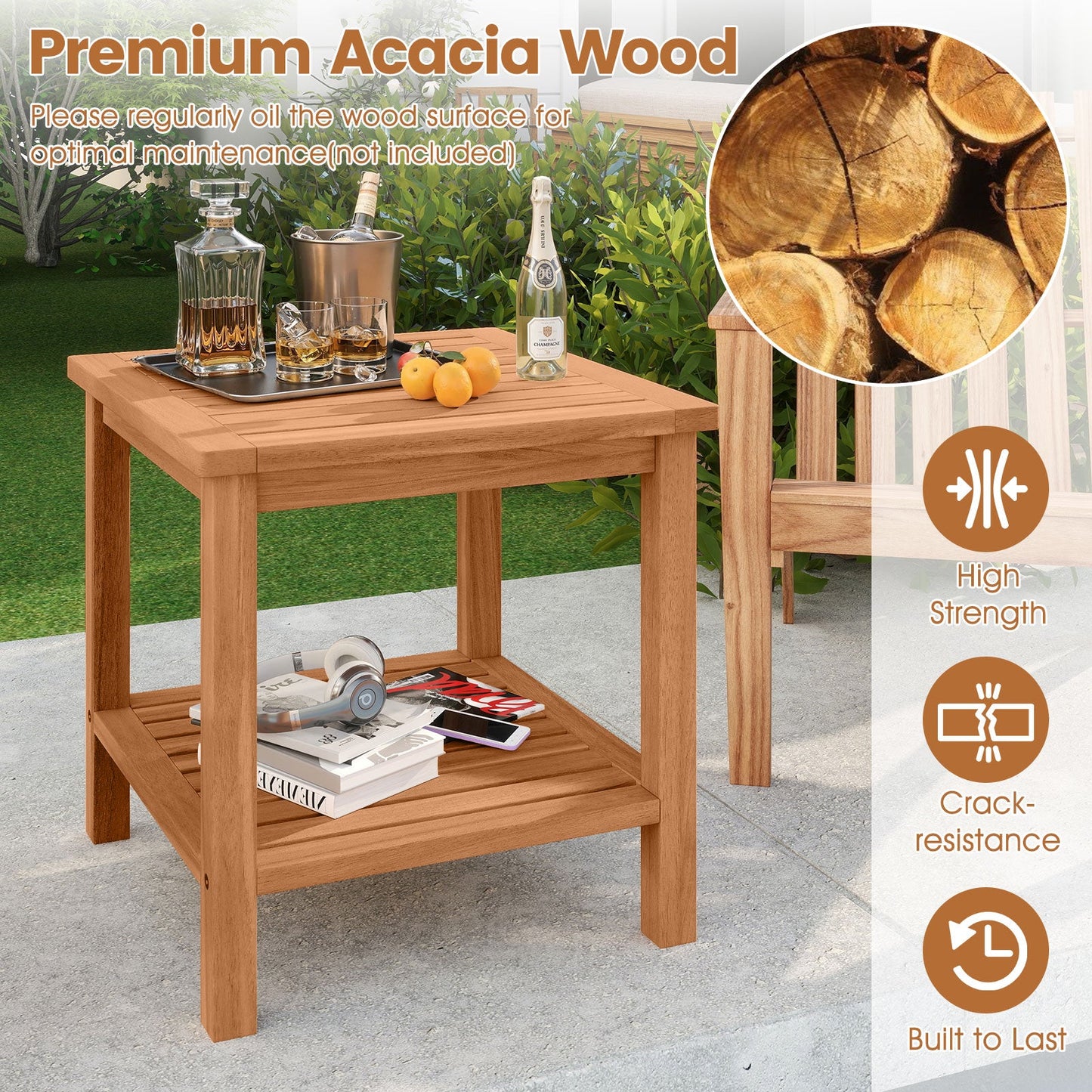 Patio Acacia Wood Side Table Set of 2 with Slatted Tabletop and Storage Shelf