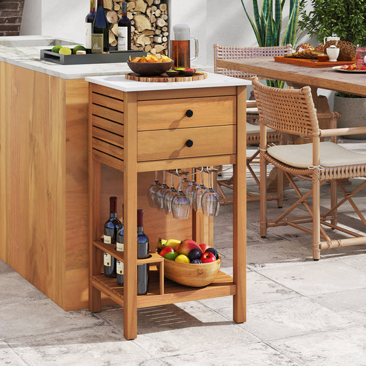 Patio Acacia Wood Storage Cabinet Patio Buffet Cabinet Bar Table with Faux Marble Countertop - Tampa Home & Garden Store