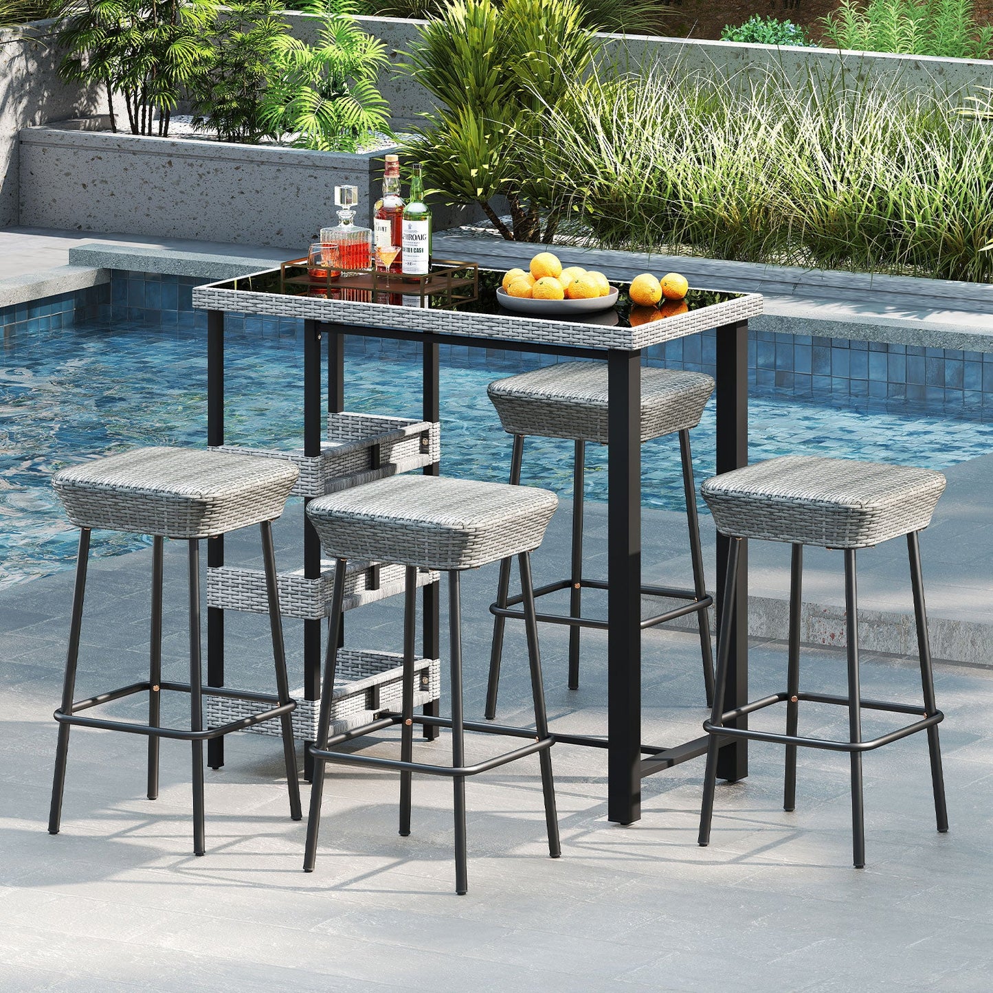 Juego de 2 taburetes de bar para patio de 29.5 pulgadas con asiento de ratán y reposapiés