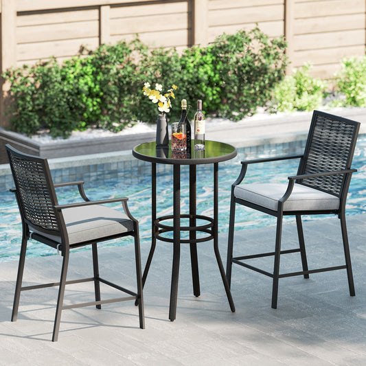 Patio Bar Stools Set of 2 Counter Height Rattan Bar Chairs with Armrest-Grey - Tampa Home & Garden Store